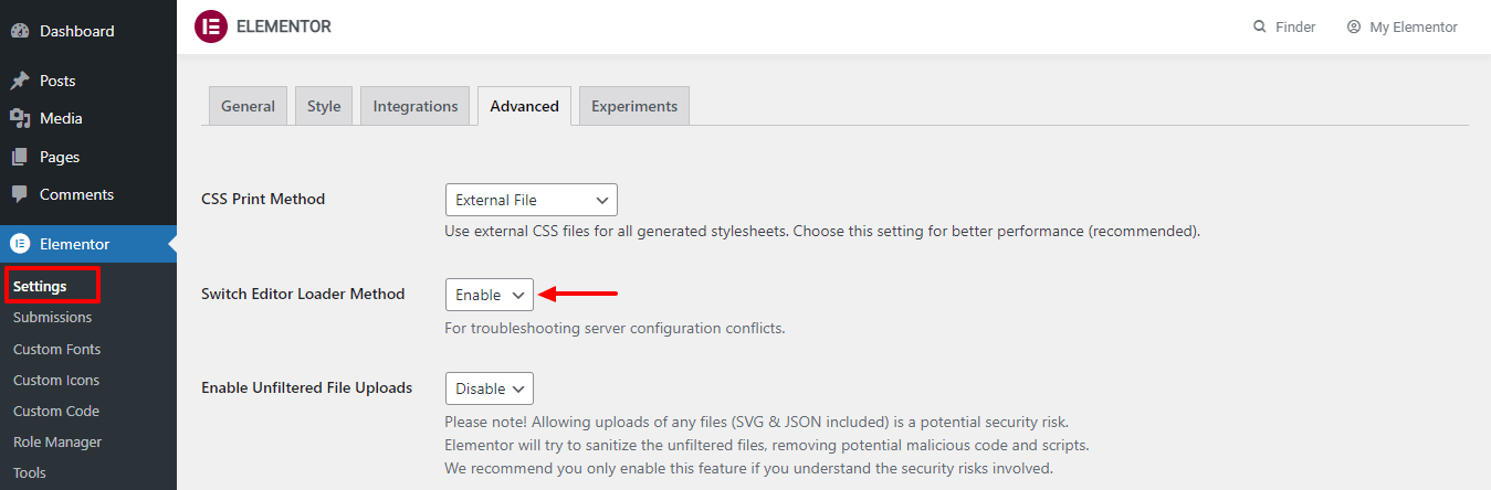 How To Troubleshoot Elementor Editor Not Loading Issue on Your Website 3 Enable Switch Editor Loader Method