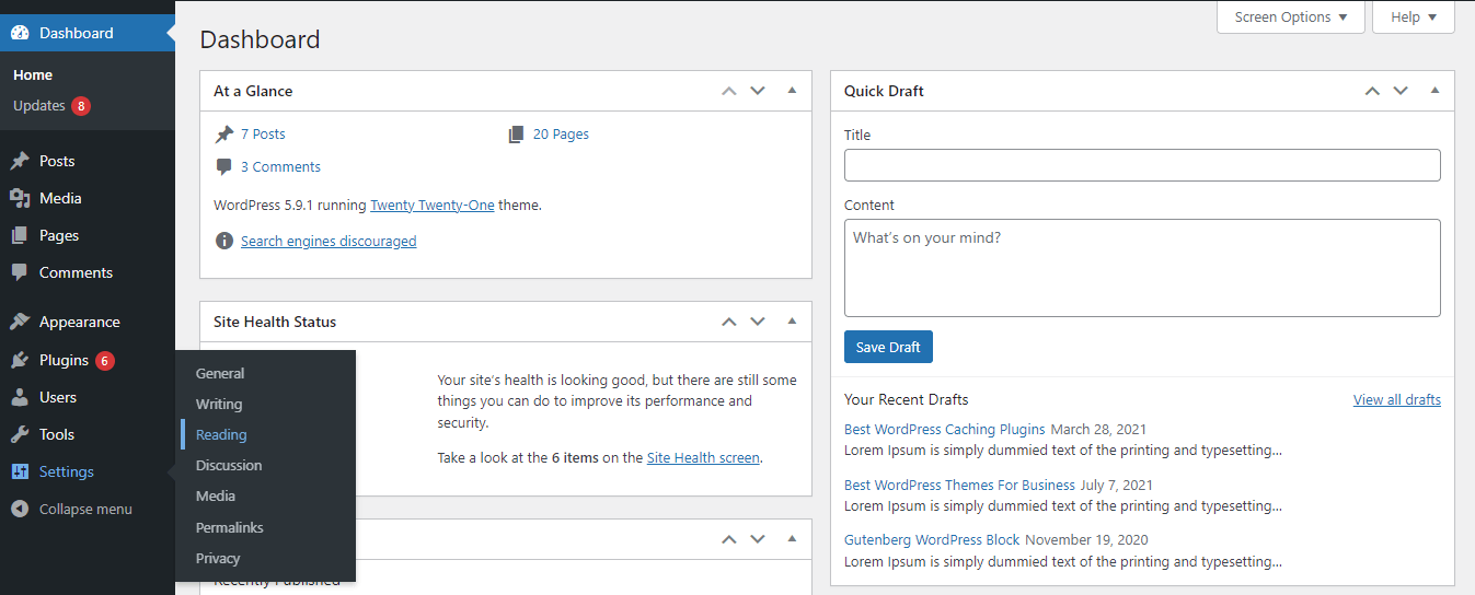How to Create a New Page on WordPress (A Complete Tutorial) 19 Go to Setting Reading