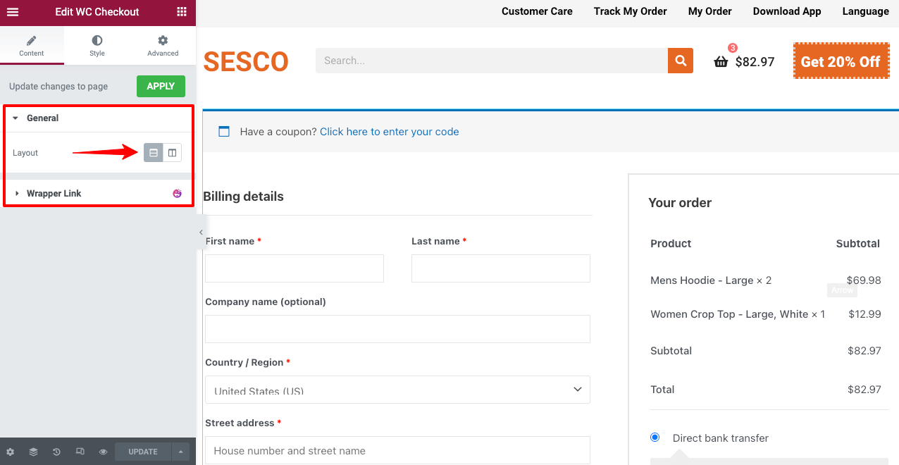 How to Customize WooCommerce Checkout Page with Elementor and HappyAddons 6 Change the Layout Style of WooCommerce Checkout Page