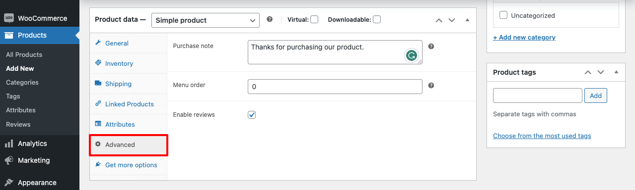 How to Add Products in WooCommerce Store: Step-by-Step Guide 9 Advanced tab in WooCommerce