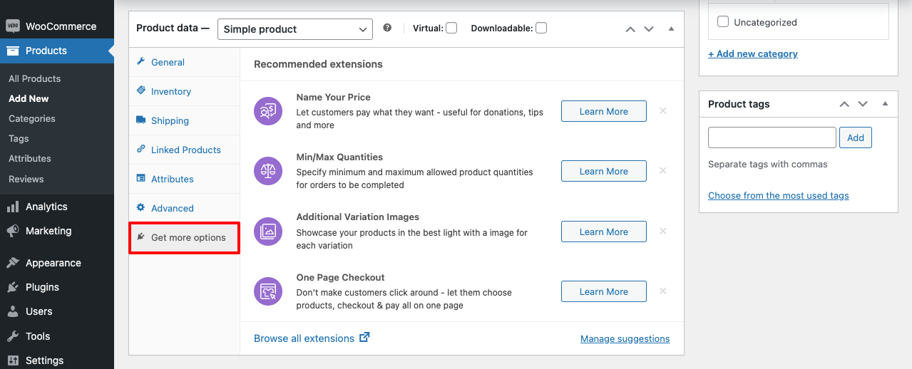 How to Add Products in WooCommerce Store: Step-by-Step Guide 10 Get more option tab in WooCommerce