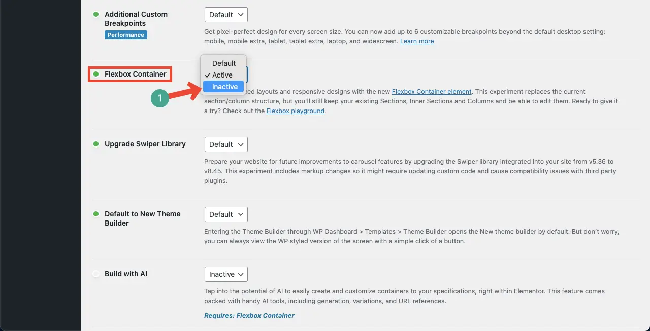 How To Fix 'Elementor Inner Section Widget Missing' 5 Deactivate the Flexbox Container Option