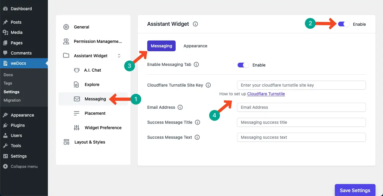 How to Design a Knowledge Base in WordPress 17 Enable the messaging option in weDocs