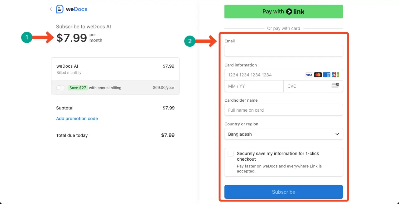 How to Design a Knowledge Base in WordPress 20 Fill the checkout page for buying the weDocs AI Chabot